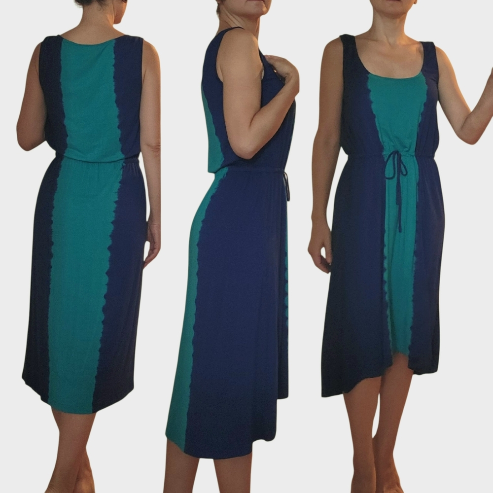 Sleeveless Navy and Teal Colorblock Midi Dress